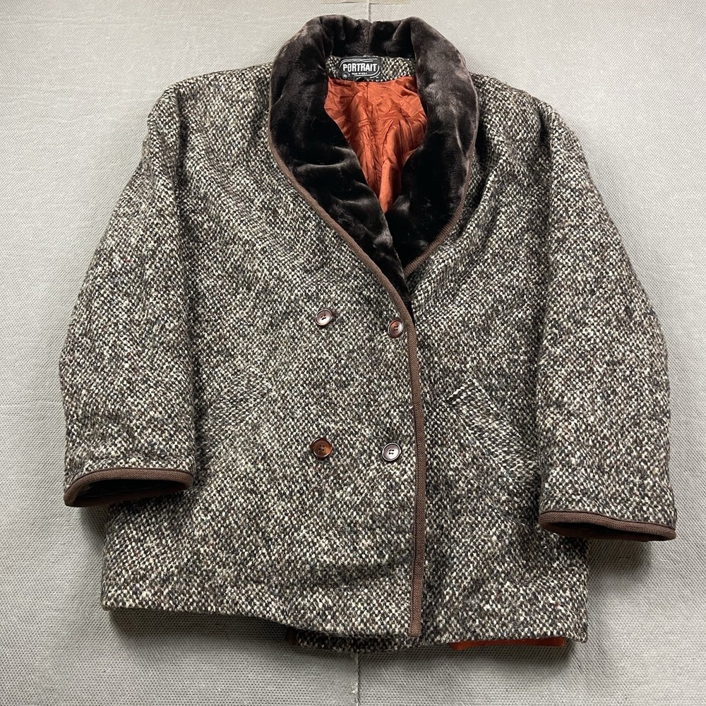 Vintage Portrait Jacket Womens 14 Double‎ Breasted Wool Tweed Brown Fur Collar